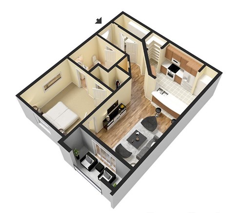 A 3D floor plan of a house with a kitchen, living room, and bedrooms.